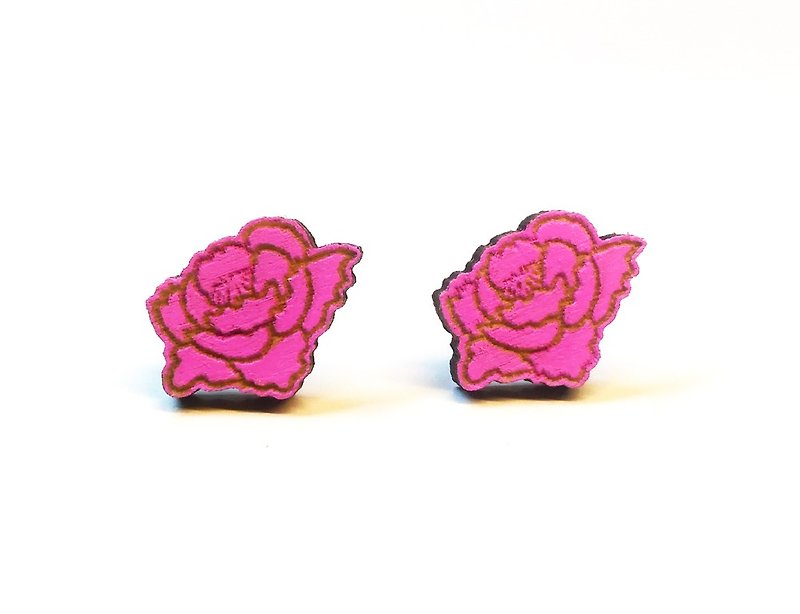 【粉紅花朵】彩色貼式木耳環 - 耳環/耳夾 - 木頭 