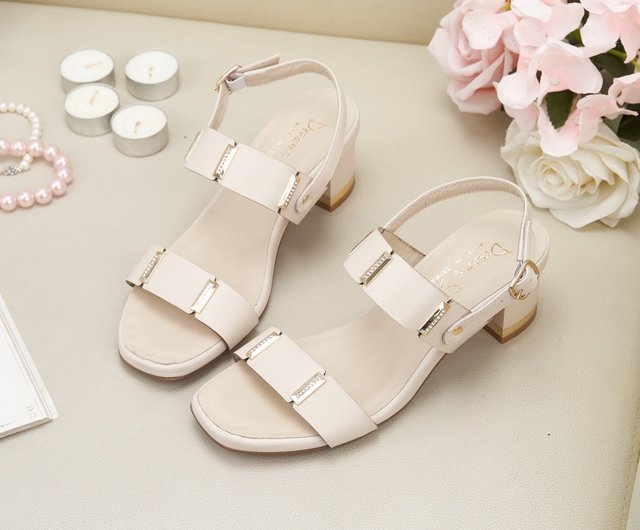 Rhinestone Gold Buckle Double Strap Square Toe Low Heel Sandals