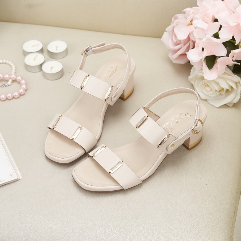 Air Cushion_Rhinestone Gold Buckle Double Strap Square Toe Low Heel Sandals Bone Beige - Sandals - Genuine Leather White