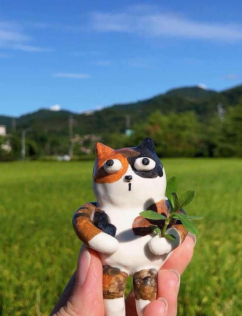 三花貓貓 線香座 乾燥花 公仔 - 乾燥花/永生花 - 瓷 白色