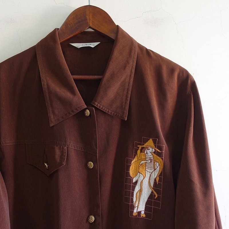 │Slowly│深咖刺繡/古著襯衫 │vintage.復古.文藝 - 女襯衫 - 聚酯纖維 多色