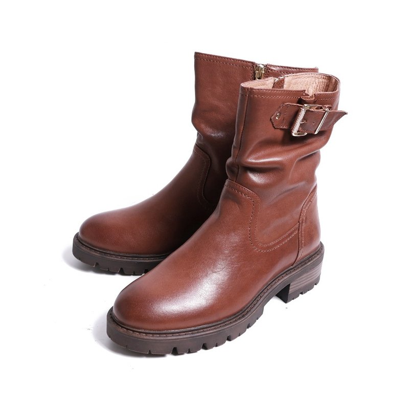 個性仿舊質感真皮釦環短靴棕色 - 女短靴/中筒靴 - 真皮 咖啡色