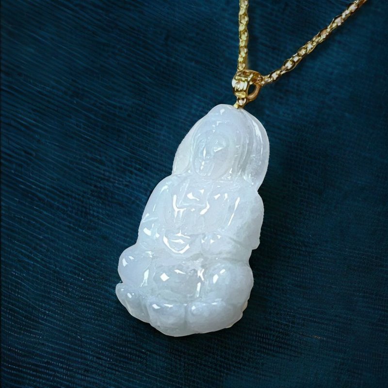 [Mother's Day Special] White Jadeite Guanyin Bodhisattva Necklace 18K Gold Pendant | Natural Burmese Jadeite - สร้อยคอ - หยก สีใส