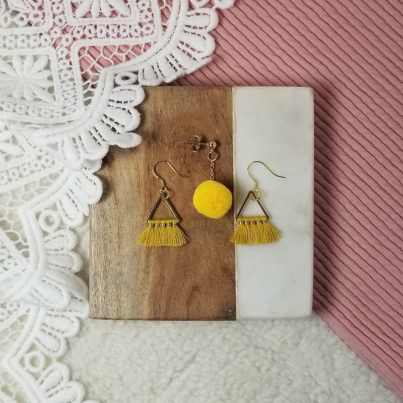 Little golden triangle with yellow fringe and pom pom (3 for 1 set) - Earrings & Clip-ons - Sterling Silver Yellow