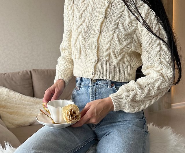 Cable knit crop top cardigan for women Irish hand knit jacket in cream  white - Shop Scarlet Sails Shop Women's Sweaters - Pinkoi