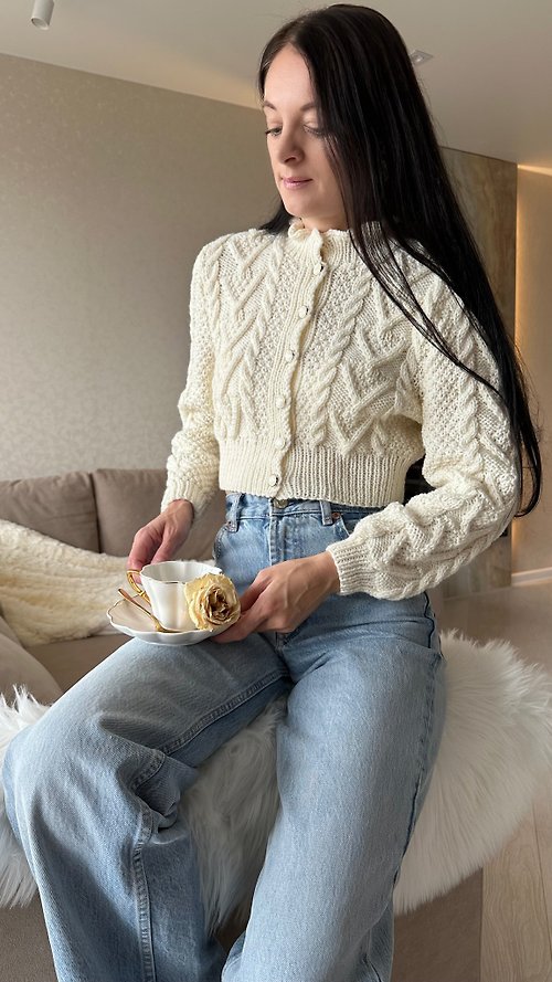 Scarlet Sails Shop Cable knit crop top cardigan for women Irish hand knit jacket in cream white