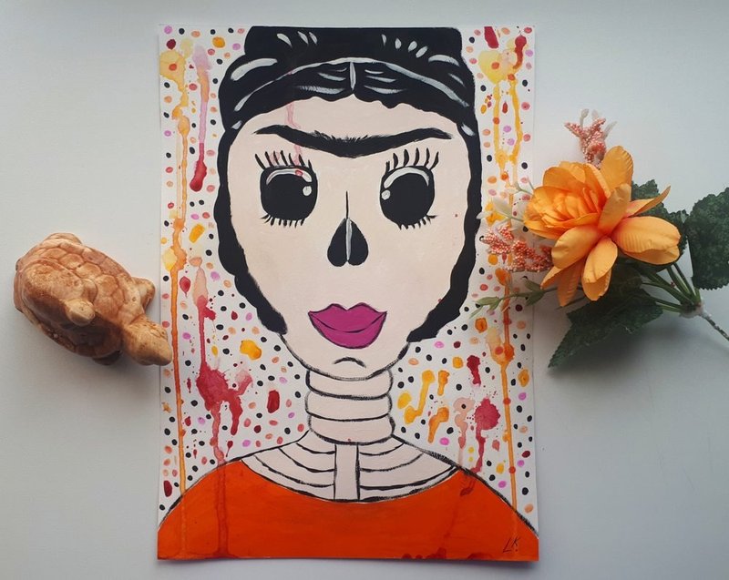 Frida Kahlo Day Of The Dead Original  Art  Outsider  Painting Artwork - 壁貼/牆壁裝飾 - 紙 多色