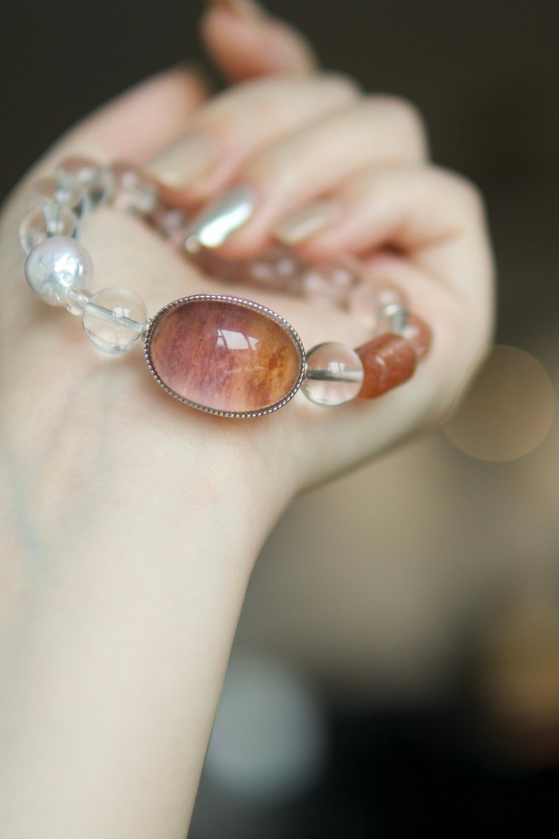 Natural rare pink mica bracelet + Bronze hair crystal + golden sun ++ aurora baroque pearl + white crystal bracelet - สร้อยข้อมือ - คริสตัล 