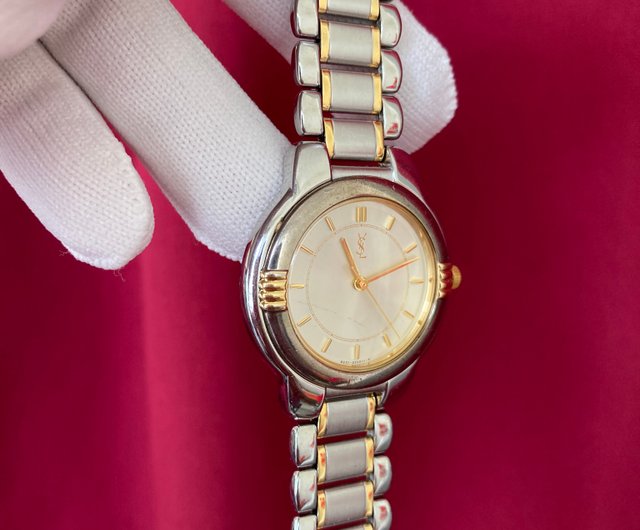 YSL シルバー ラウンド サイド刻印入りケース ツートーン ストラップ