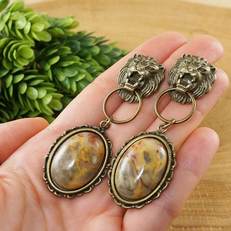 Lion Head Mustard Yellow Lace Agate Leo Large Long Bronze Earrings Jewelry Gift - 耳環/耳夾/耳骨夾 - 半寶石 黃色