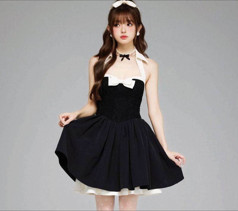 French retro lace halter neck small lapel dress tutu skirt - Skirts - Polyester Black