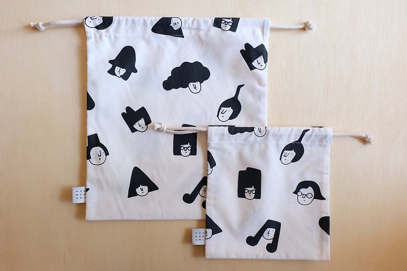 Miss Hairy Collection / Handmade Silkscreen Drawstring Pouch / L Size - Toiletry Bags & Pouches - Cotton & Hemp White