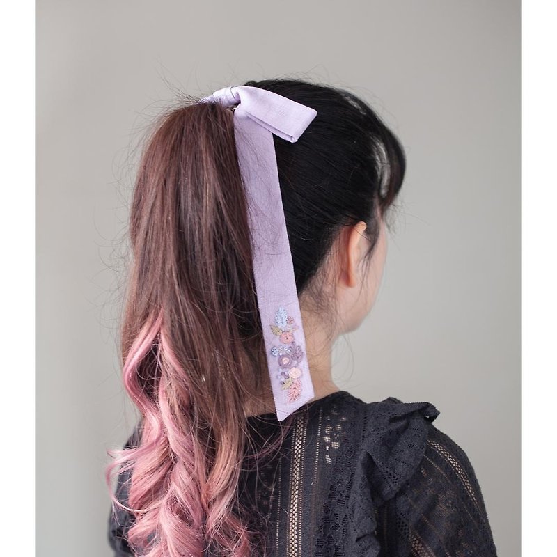 Hydrangea inspired Hand Embroidered Bow -  Violet - Hair Accessories - Cotton & Hemp Pink