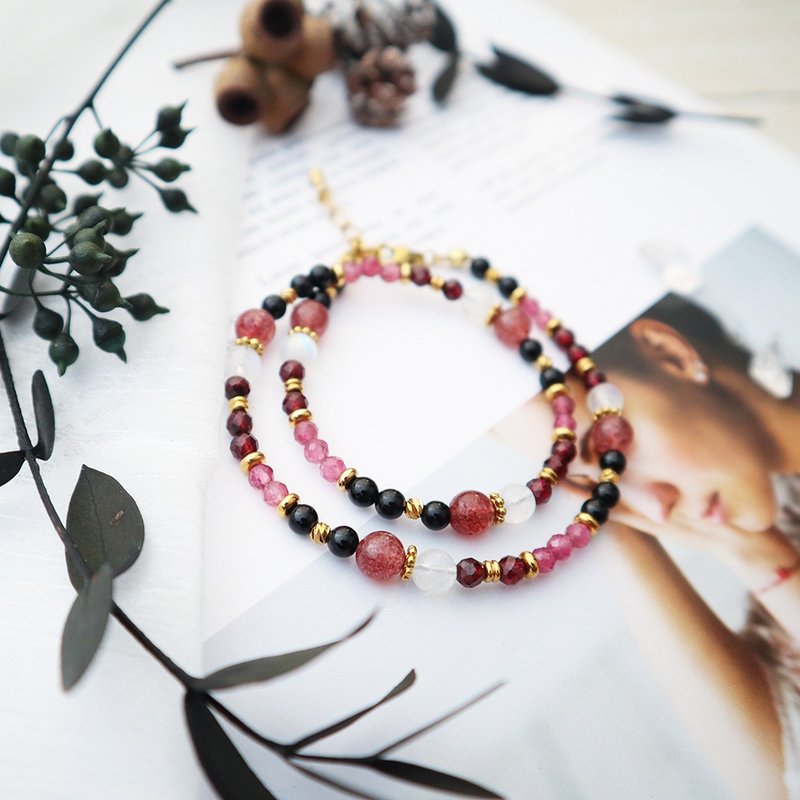 Strawberry Crystal-Pink Tourmaline- Bronze Pomegranate│Brass Double Circle Buckle Bracelet - Bracelets - Crystal Red