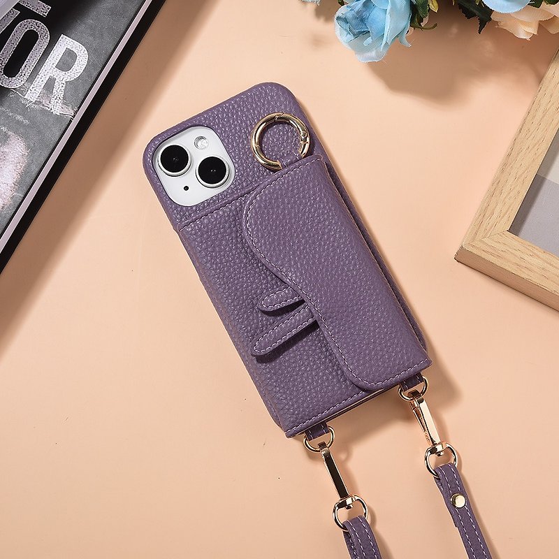 Yaguchi iPhone 14 Series Saddle Card Holder Mobile Phone Leather Case with Beauty Mirror and Leather Strap - Velvet Purple - อุปกรณ์เสริมอื่น ๆ - หนังเทียม 