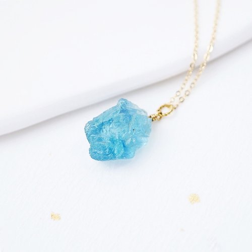 一抹月光 Emoonstone 海藍寶原礦原始感 鎖骨項鍊 14K