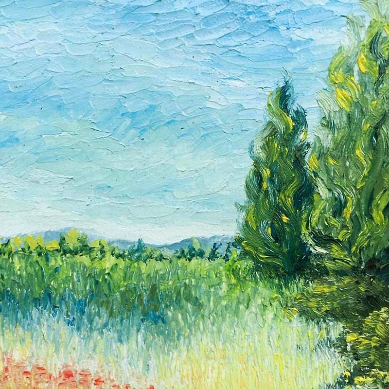 Impasto Cypress Countryside Oil Painting. Rural Sky Grass and Trees Landscape. - โปสเตอร์ - ผ้าฝ้าย/ผ้าลินิน 