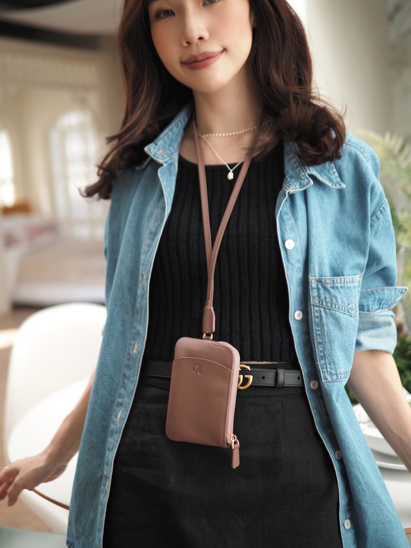 Flint (Wood): Neck bag, Tiny pocket, Cow Leather, IDCard Holder, Zipper Pocket - 錢包/皮夾/長短夾 - 真皮 咖啡色