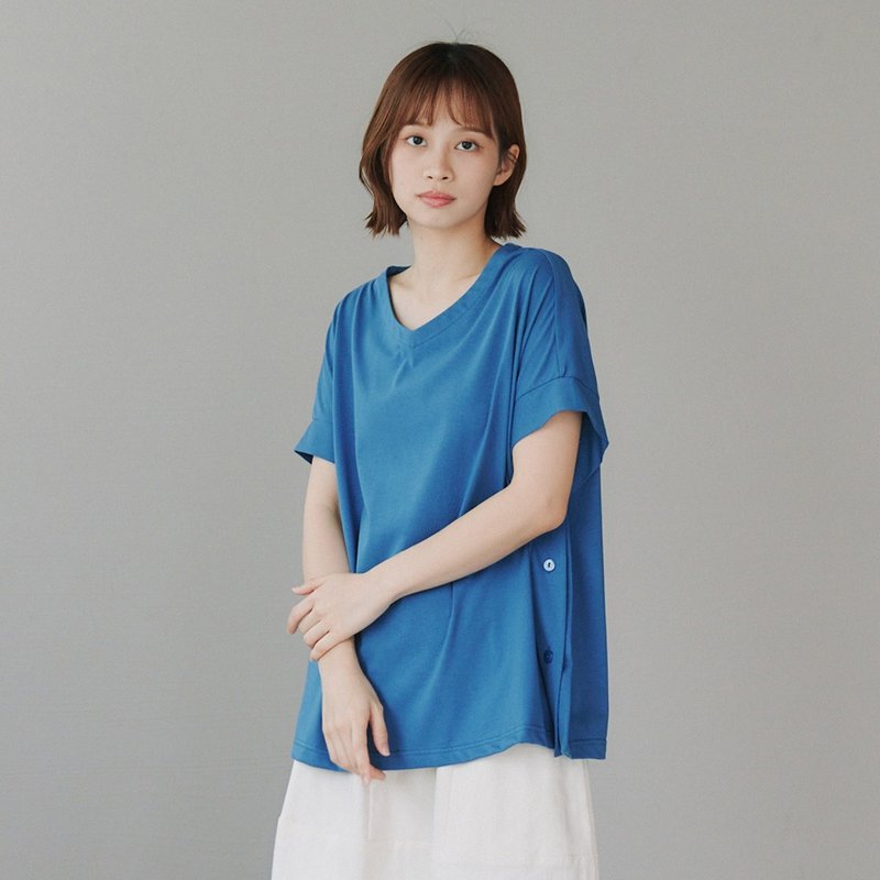 【Simply Yours】V領落肩側扣T 藍F - 女 T 恤 - 棉．麻 藍色