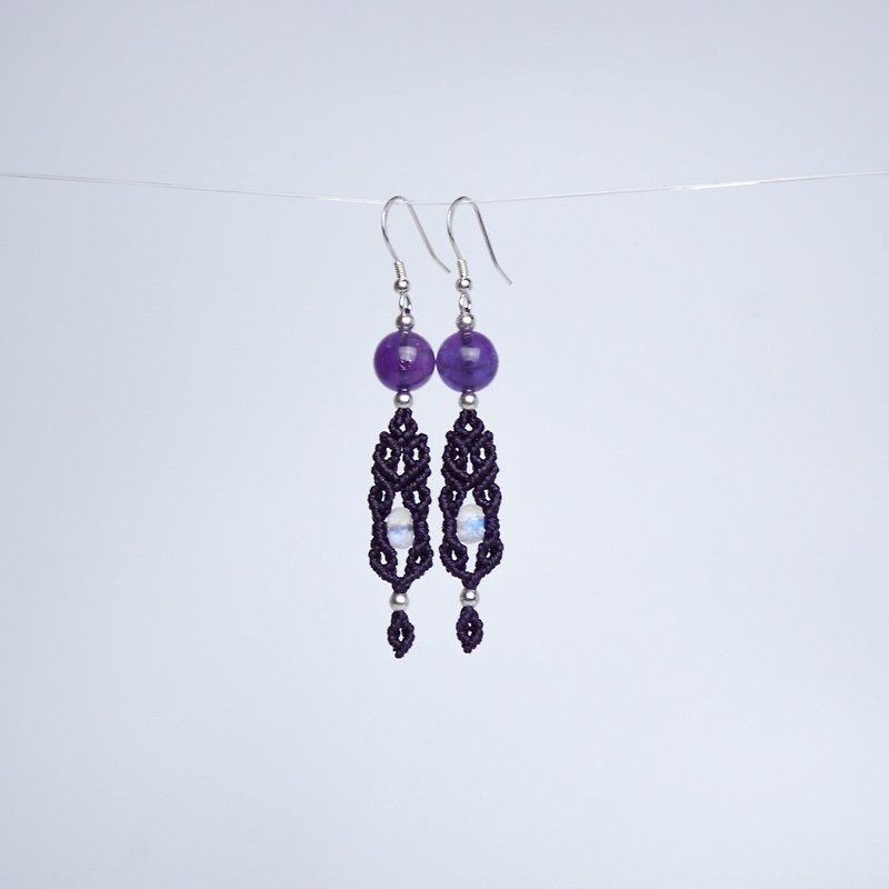 紫水晶 月亮石 蠟線編織耳環 - 耳環/耳夾 - 寶石 紫色