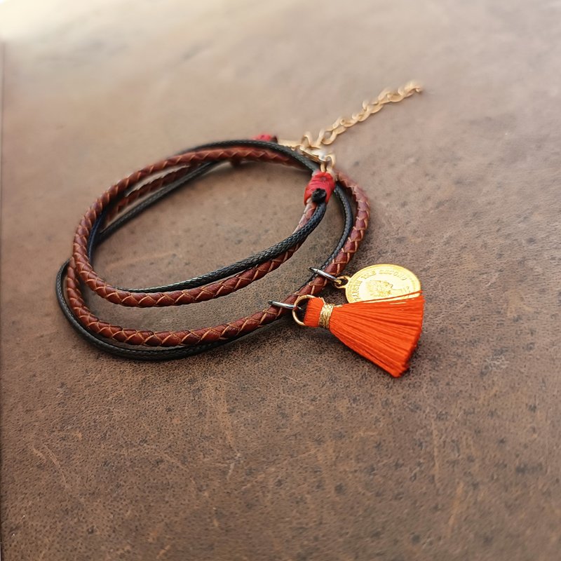 Thin Leather Wrap Bracelet with Dangling Red Tassel and Gold Coin - 手鍊/手環 - 真皮 咖啡色