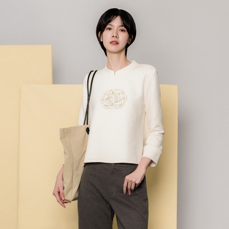 【MEDUSA】Ivory New Chinese Style Embroidery Top - เสื้อผู้หญิง - ผ้าฝ้าย/ผ้าลินิน ขาว