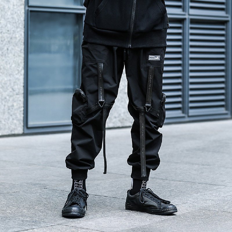 Three-dimensional pocket streamer paratrooper pants Zhu Zhixin same style tooling leggings - Men's Pants - Other Materials Black