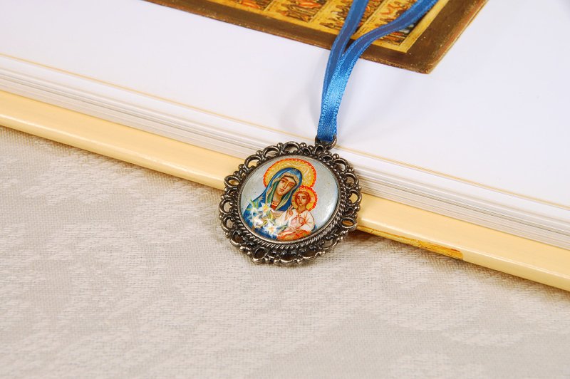 Icon pendant Virgin Mary religious necklace Orthodox Christian gift - 項鍊 - 其他材質 