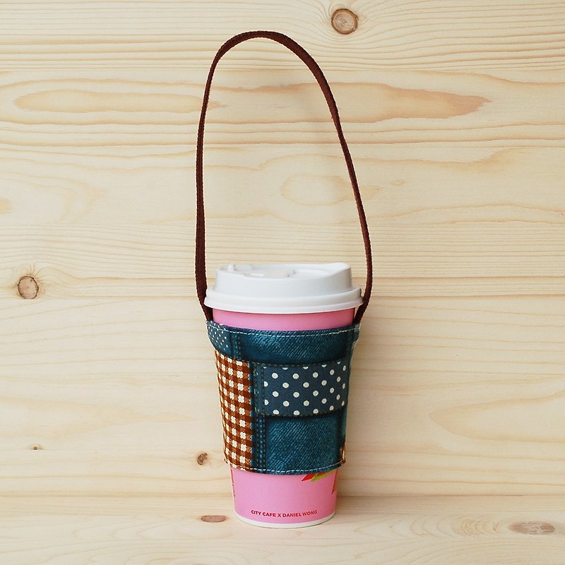 Floral lattice denim beverage bag/cup cover - Beverage Holders & Bags - Cotton & Hemp Blue