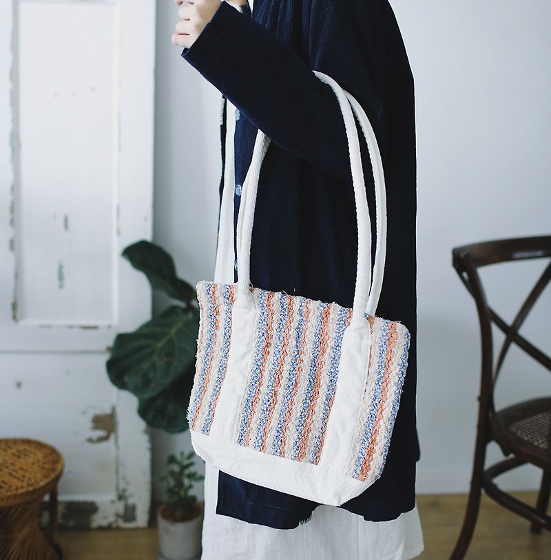 Tote bag hand-woven heavy corduroy plant dyed syd and ling tote - Messenger Bags & Sling Bags - Cotton & Hemp Blue