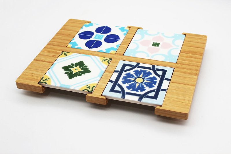 Taiwan tile bamboo tea tray with 4 Taiwan tiles - Coasters - Pottery Orange