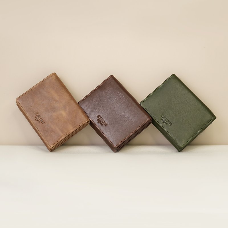 Smart button-type three-fold coin bag medium and short clip-075172 three colors - Wallets - Genuine Leather Brown