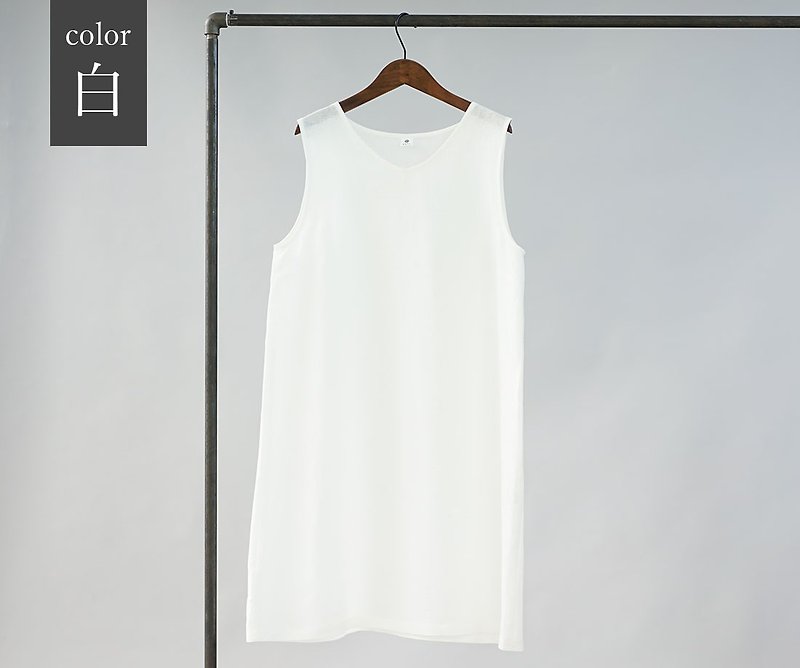 wafu - 純亞麻衬裙 Lightweight Linen V-neck Inner Dress / White p006a-wht1 - ชุดเดรส - ลินิน ขาว