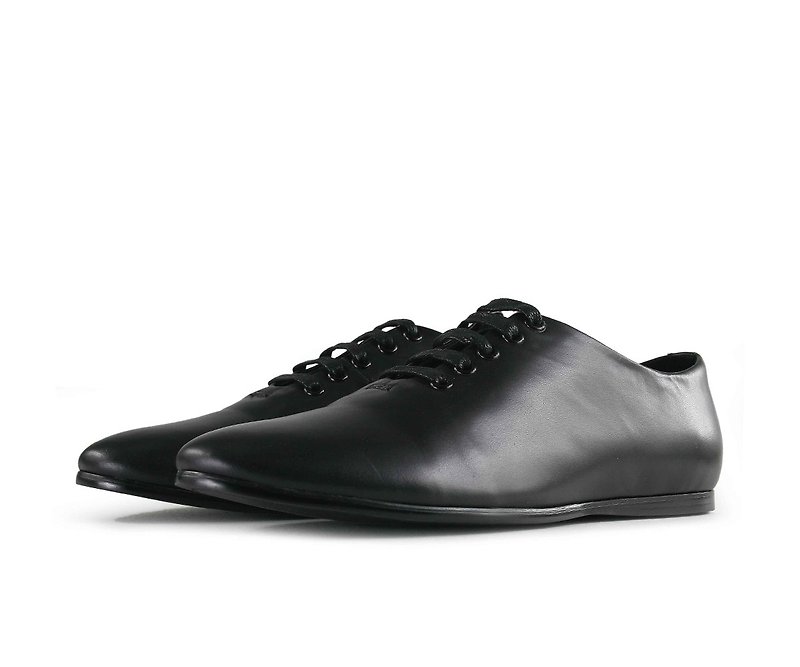 Lace-up calfskin flat shoes-9758 (P1073E) - Men's Leather Shoes - Genuine Leather Black