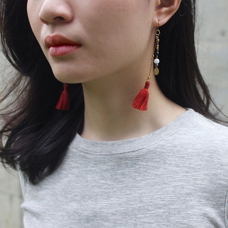 Freedom Bohemian Red Tassel Brass Earrings - 14K Gold Filled Hooks / Clip-Ons - Earrings & Clip-ons - Thread Red