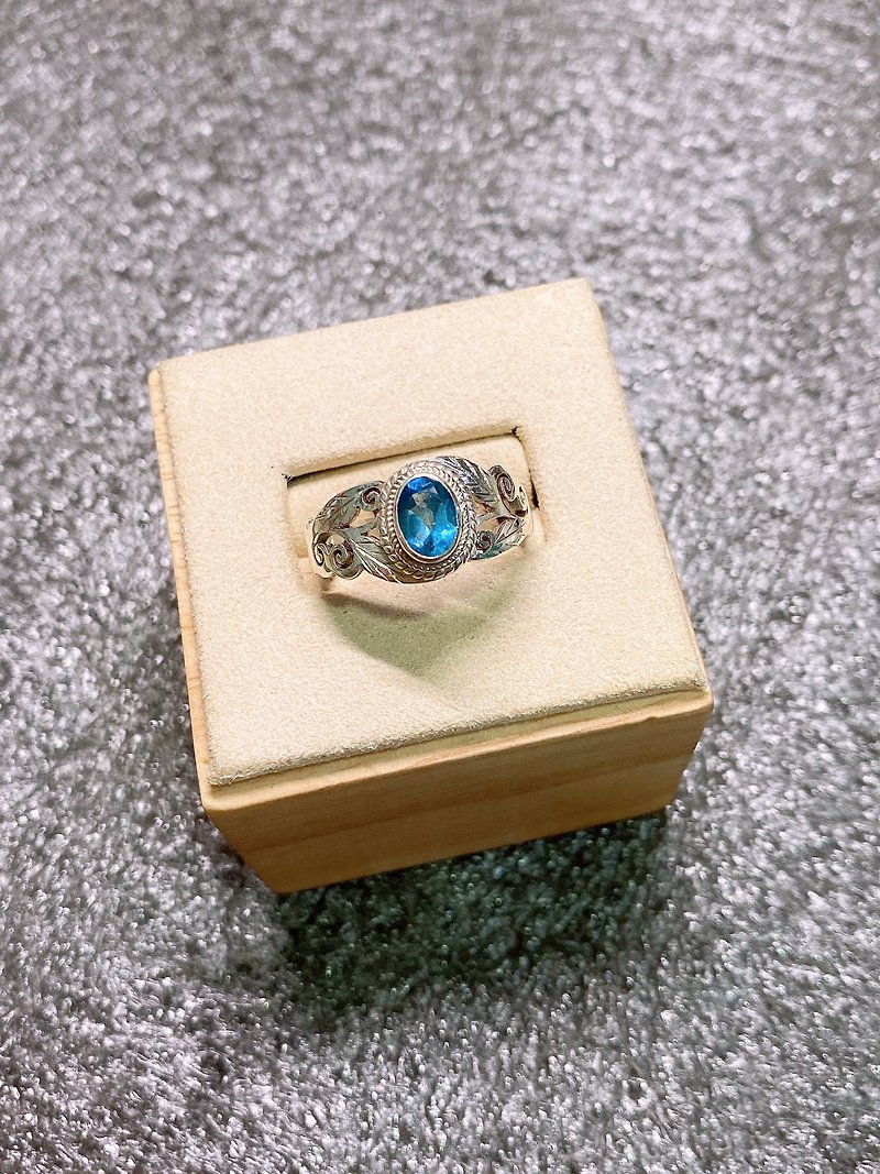 托帕石 戒指 925純銀 尼泊爾 手工製 - 戒指 - 寶石 藍色