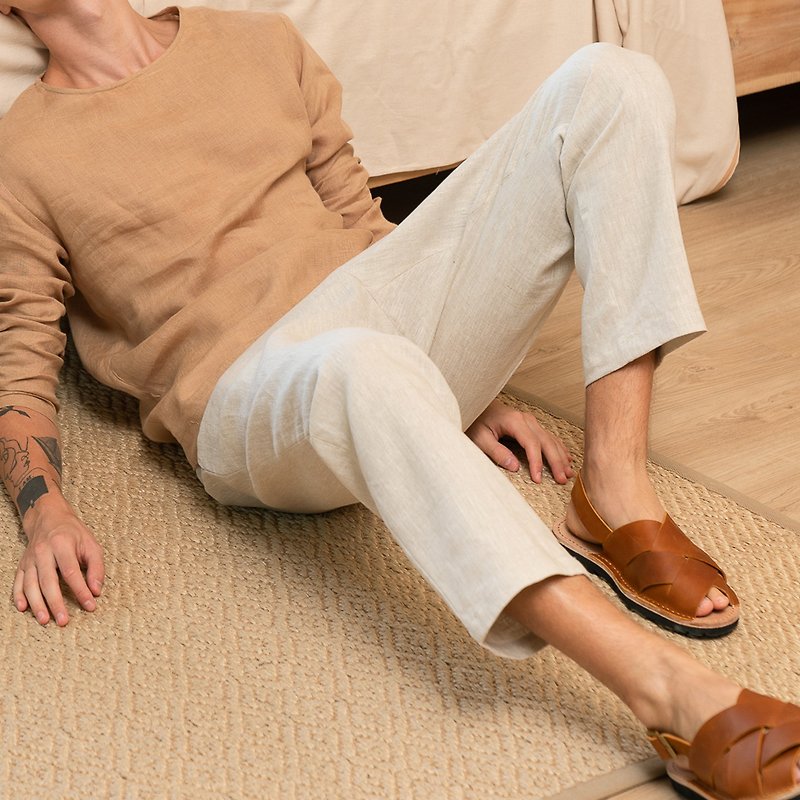 กางเกงขายาวผู้ชาย เอวยางยืดผูกเชือก Solstice ผ้าลินินแท้ 100% สีลินินธรรมชาติ - กางเกงขายาว - ผ้าฝ้าย/ผ้าลินิน สีกากี