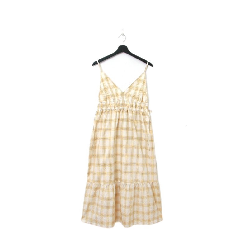 Back to Green-復古長洋裝 細肩帶 黃格紋 Ls-48//vintage dress - 洋裝/連身裙 - 棉．麻 
