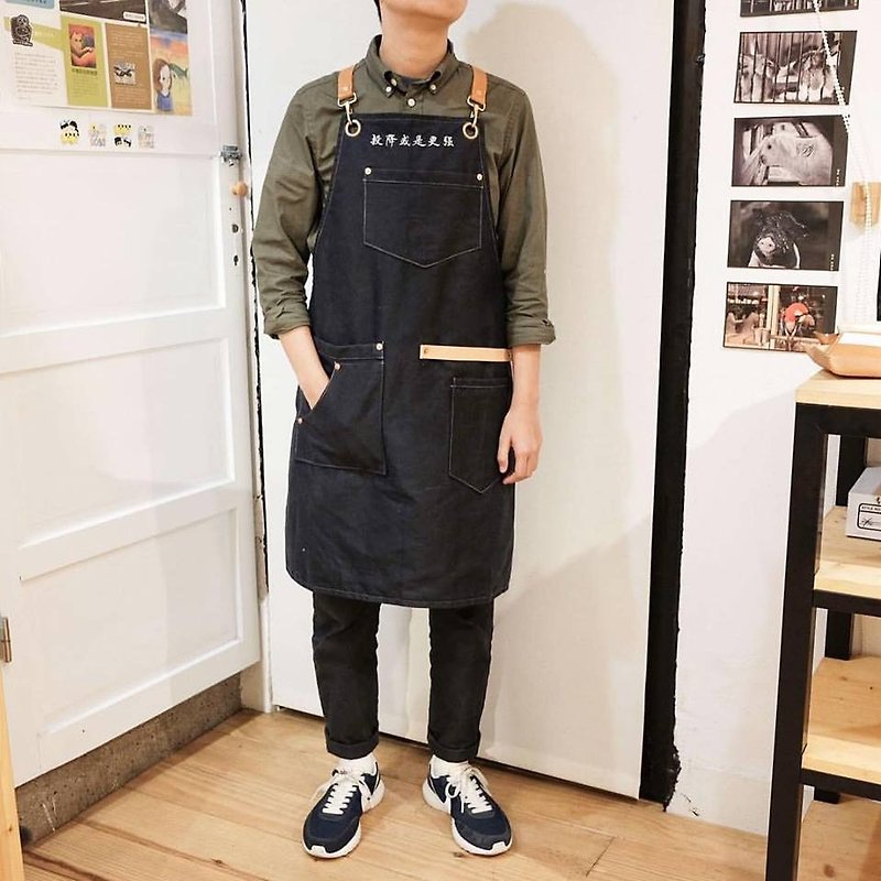 Apron custom work apron waterproof dark blue double-layer wax cloth leather embroidery printing / Ji.co - Other - Genuine Leather Multicolor