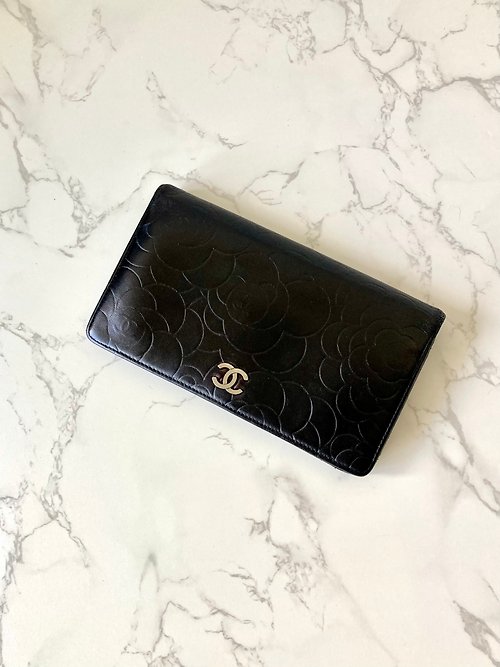 LA LUNE】Second-hand Chanel Black Camellia Leather Long Silver