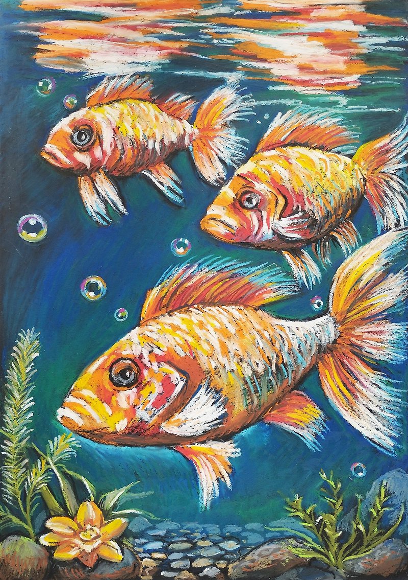 Fish carp are fabulous fish painting oil pastel drawing bright fish sea art - ตกแต่งผนัง - กระดาษ สีน้ำเงิน