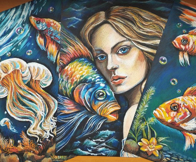 魚の鯉は素晴らしい魚の絵油パステル画明るい魚の海の芸術です