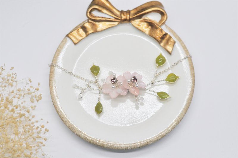 Wild Peony Handmade Cloth Hand Wrap Copper Swarovski Crystal Silver Silver Necklace (Pink) - Necklaces - Cotton & Hemp Pink