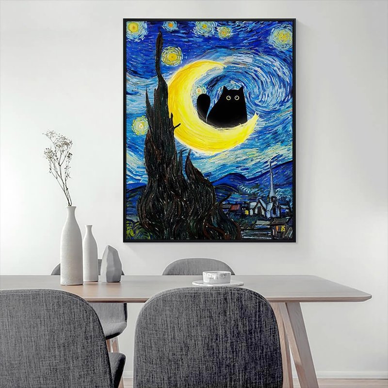 CAT‧Starry Night_Painting_Animal Series_Made in Taiwan and shipped quickly within two working days - โปสเตอร์ - ผ้าฝ้าย/ผ้าลินิน สีน้ำเงิน