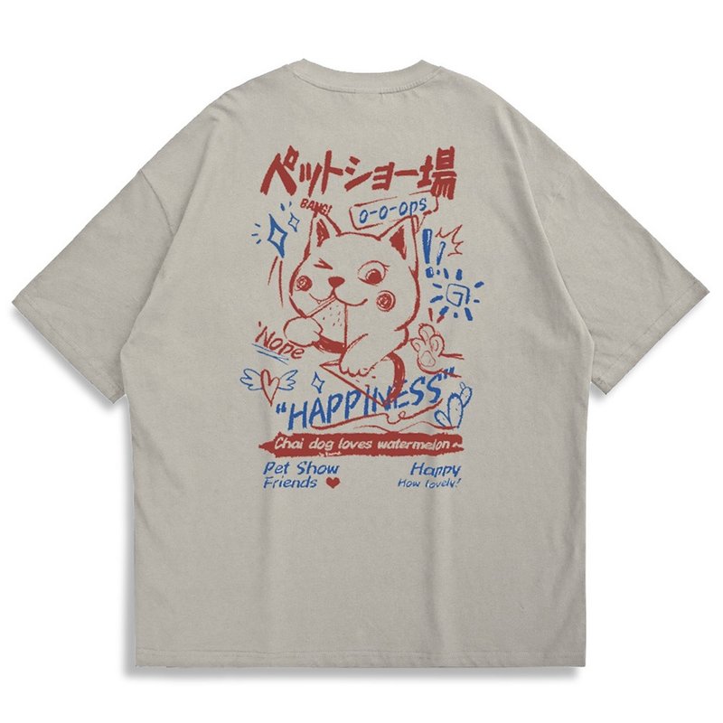 【CREEPS】Shiba and Watermelon V1 寬鬆重磅印花T恤 - 男 T 恤 - 棉．麻 多色