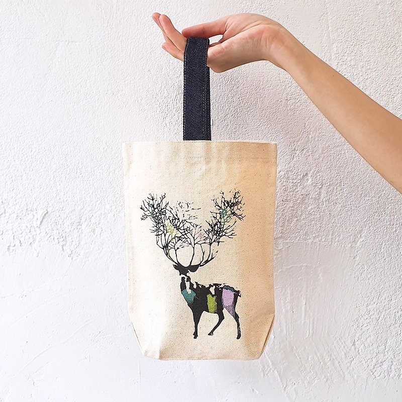 Cat hair original handmade silk-printed denim single handle canvas bag water bottle bag folding umbrella bag / elk