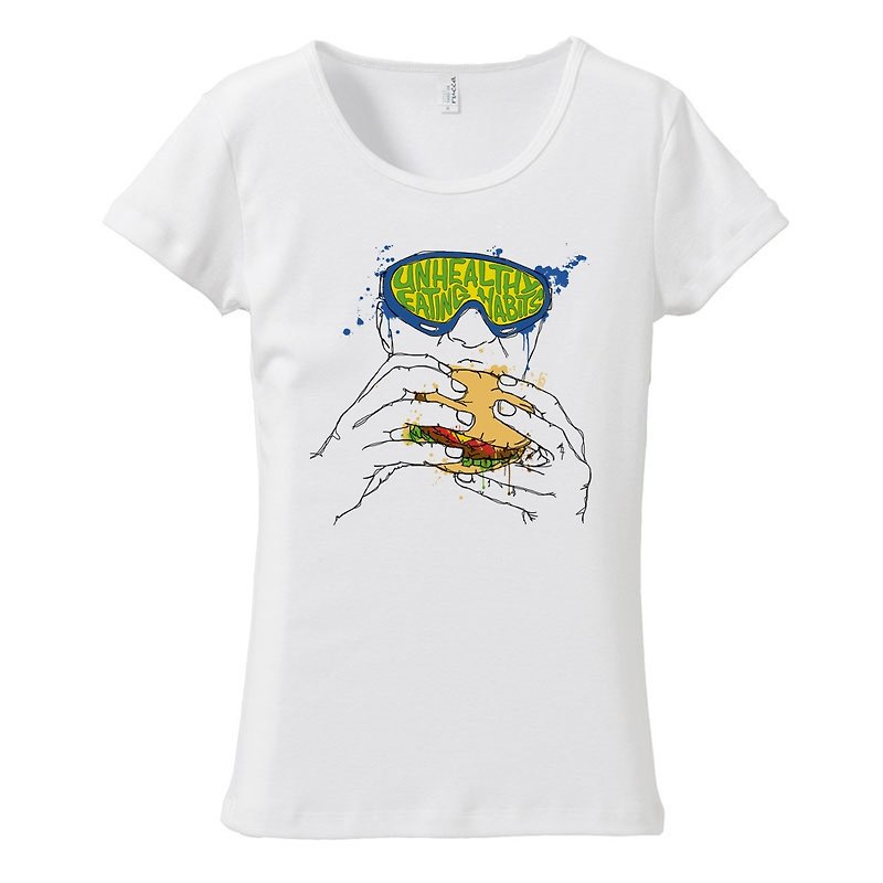 Women's T-shirt / Unhealthy eating habits - เสื้อยืดผู้หญิง - ผ้าฝ้าย/ผ้าลินิน ขาว
