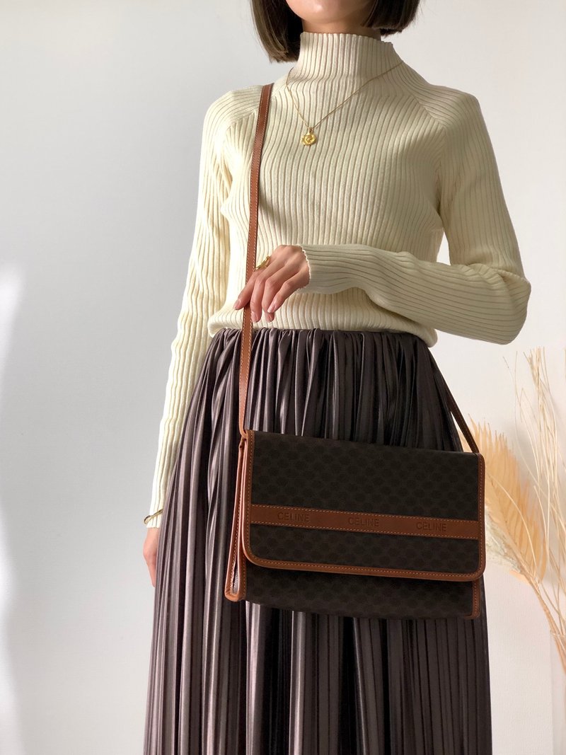 【 日本直送　名牌中古包 】CELINE セリーヌ マカダム ロゴ型押し レザー 2way ショルダーバッグ ブラウン vintage f3vez2 - 側背包/斜背包 - 真皮 咖啡色