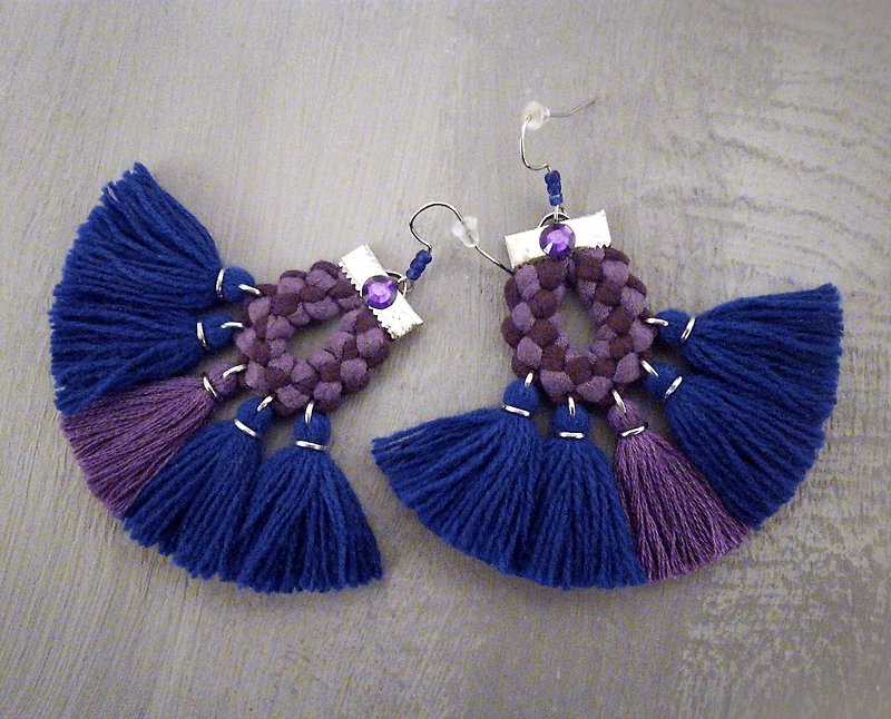 Fan Tassel Earrings Bohemian Fringe Jewelry Blue Purple - ต่างหู - งานปัก สีน้ำเงิน