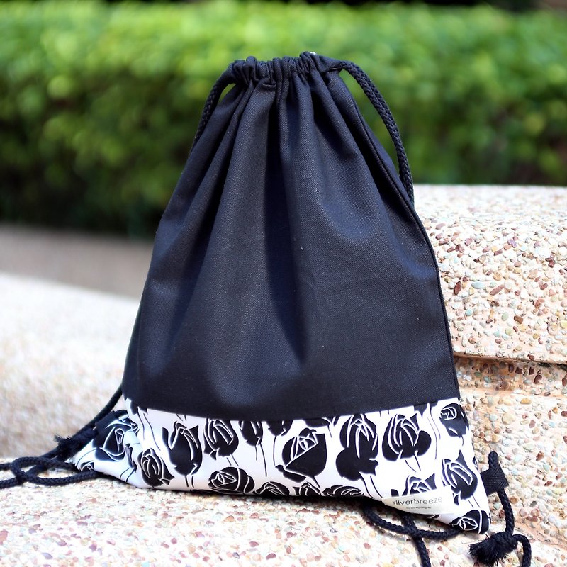 Silverbreeze~ Bundle Back Backpack ~ Black Rose (B89) (off the box) - Drawstring Bags - Cotton & Hemp Black